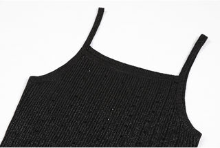 Black Glitter Ribbed Knit Two-Piece Set – Sleeveless Dress with Embellished Details and Long-Sleeve Cardigan