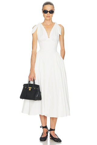 Tie-Shoulder V-Neck Open Back Flared Midi Dress