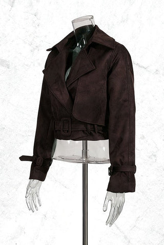 Cropped Faux Suede Jacket with Belt & Cuff Buckles