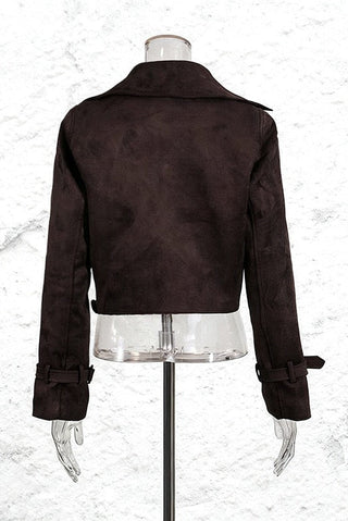 Cropped Faux Suede Jacket with Belt & Cuff Buckles