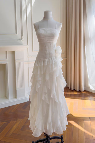 Statement Pleated Strapless Corset Long Dress with Dramatic Ruffles & Floral Detail
