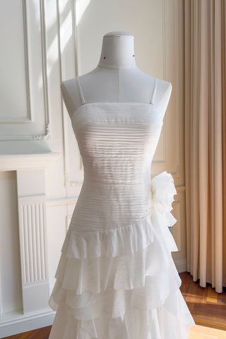 Statement Pleated Strapless Corset Long Dress with Dramatic Ruffles & Floral Detail