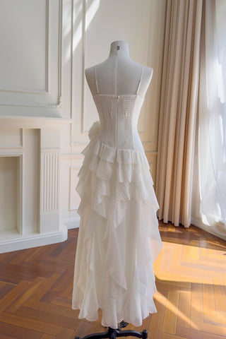 Statement Pleated Strapless Corset Long Dress with Dramatic Ruffles & Floral Detail