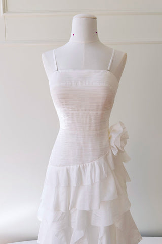 Statement Pleated Strapless Corset Long Dress with Dramatic Ruffles & Floral Detail