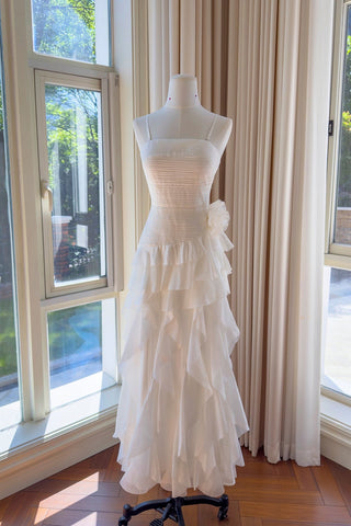 Statement Pleated Strapless Corset Long Dress with Dramatic Ruffles & Floral Detail