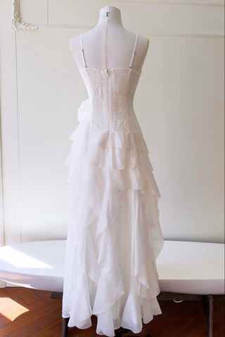 Statement Pleated Strapless Corset Long Dress with Dramatic Ruffles & Floral Detail