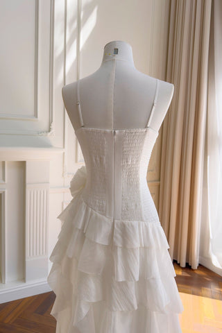 Statement Pleated Strapless Corset Long Dress with Dramatic Ruffles & Floral Detail
