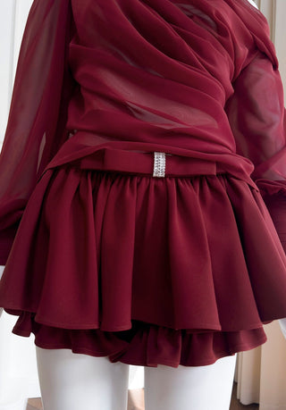 Elegant Long-Sleeve Oblique Shoulder Sheer Top and Skort Set