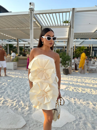 Luna Strapless Satin Flower Mini Dress