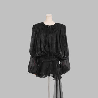 Flowy Sheer Black Blouse Dress with Layered Skirt & Shorts