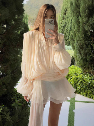 Flowy Sheer Black Blouse Dress with Layered Skirt & Shorts