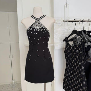 Elegant Black Rhinestone Halter Neck Mini Dress