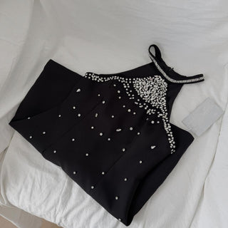 Elegant Black Rhinestone Halter Neck Mini Dress