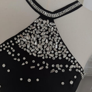Elegant Black Rhinestone Halter Neck Mini Dress