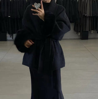 Double-Faced Wool Coat with Fur Cuffs - Mid-Length, Belted Wrap Coat