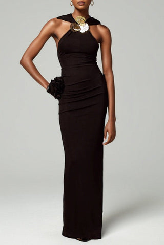 Long Sleeveless Halter Neck Dress with Rosette Detail in Stretch Fabric