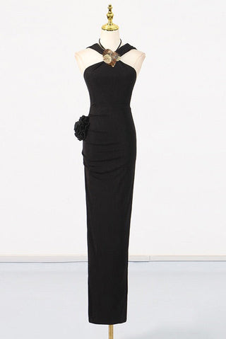 Long Sleeveless Halter Neck Dress with Rosette Detail in Stretch Fabric
