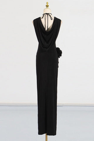 Long Sleeveless Halter Neck Dress with Rosette Detail in Stretch Fabric