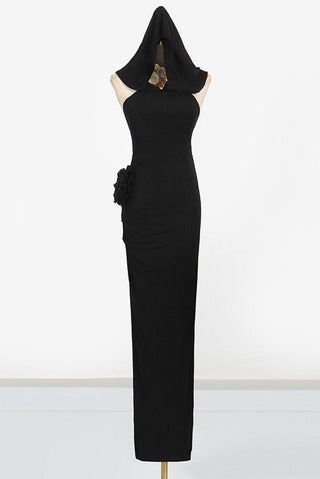 Long Sleeveless Halter Neck Dress with Rosette Detail in Stretch Fabric