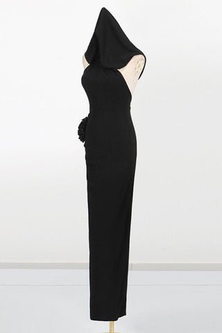 Long Sleeveless Halter Neck Dress with Rosette Detail in Stretch Fabric
