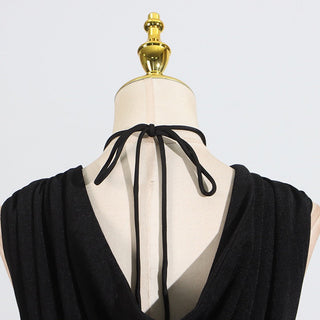 Long Sleeveless Halter Neck Dress with Rosette Detail in Stretch Fabric