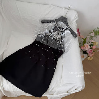 Elegant Black Rhinestone Halter Neck Mini Dress