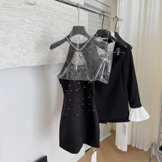 Elegant Black Rhinestone Halter Neck Mini Dress