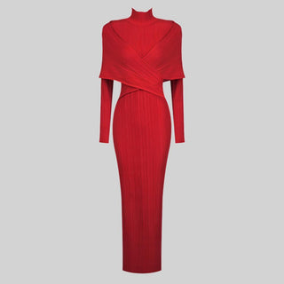 Red Long-Sleeve High-Neck Ribbed Maxi Dress