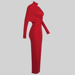 Red Long-Sleeve High-Neck Ribbed Maxi Dress