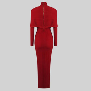 Red Long-Sleeve High-Neck Ribbed Maxi Dress