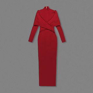 Red Long-Sleeve High-Neck Ribbed Maxi Dress