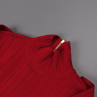 Red Long-Sleeve High-Neck Ribbed Maxi Dress
