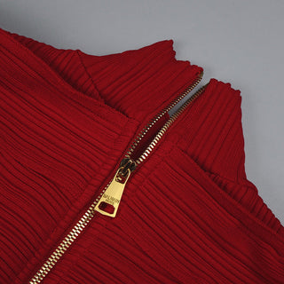 Red Long-Sleeve High-Neck Ribbed Maxi Dress