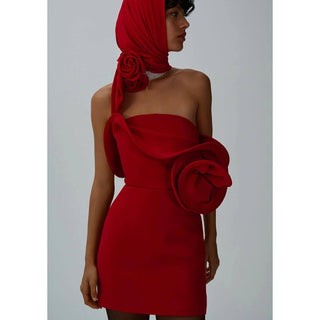 Red Strapless Mini Dress with Oversized Rosette Detail