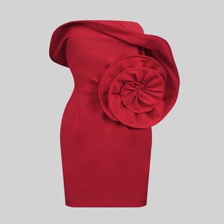 Red Strapless Mini Dress with Oversized Rosette Detail