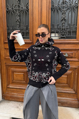 Fur Collar Zip-Up Knit Top – Long Sleeve Paisley Design