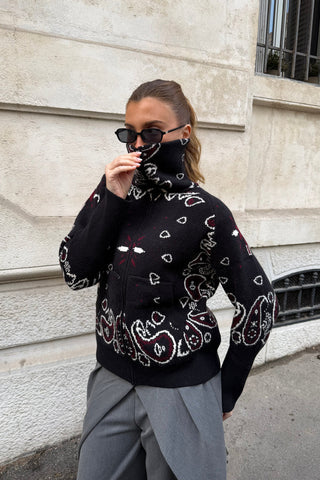 Fur Collar Zip-Up Knit Top – Long Sleeve Paisley Design