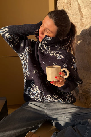 Fur Collar Zip-Up Knit Top – Long Sleeve Paisley Design