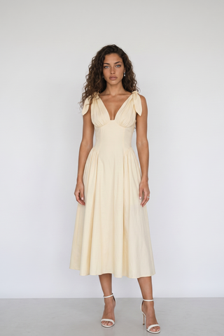 Tie-Shoulder V-Neck Open Back Flared Midi Dress