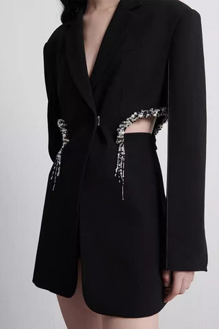 Black Cut-Out Blazer Dress with Crystal Embellished Waist