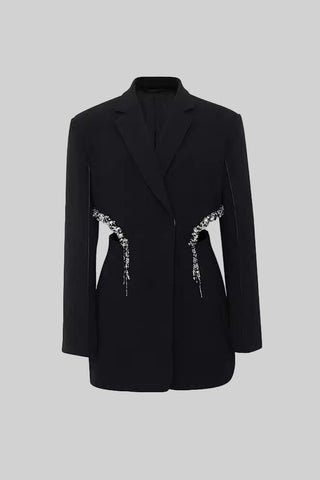 Black Cut-Out Blazer Dress with Crystal Embellished Waist