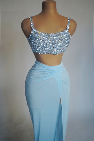 Rhinestone Embellished Crop Top and Draped Slit Skirt Set
