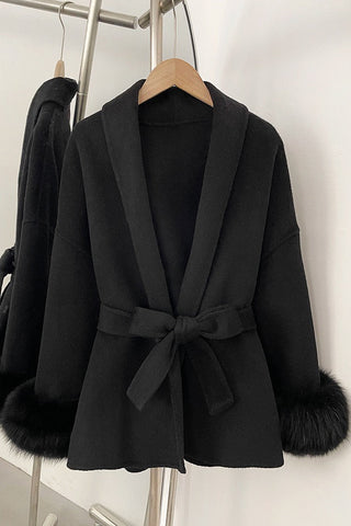 Belted Wool Wrap Coat with Faux Fur Cuffs and Shawl Collar