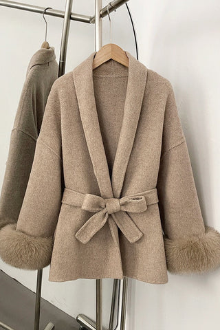 Belted Wool Wrap Coat with Faux Fur Cuffs and Shawl Collar