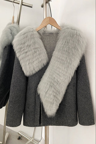 Luxury Wool Blend Coat with Wide Faux Fur Shawl Collar