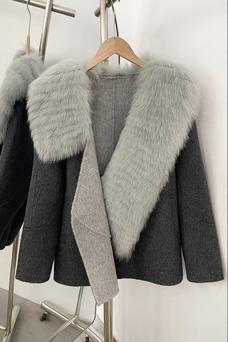 Luxury Wool Blend Coat with Wide Faux Fur Shawl Collar