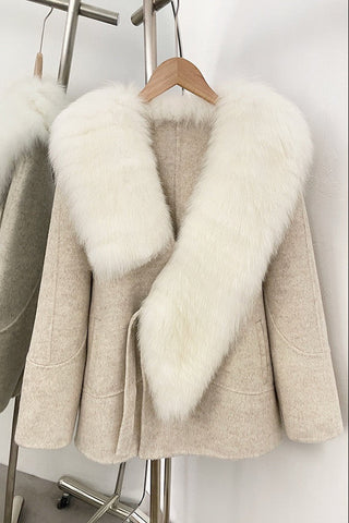 Luxury Wool Blend Coat with Wide Faux Fur Shawl Collar