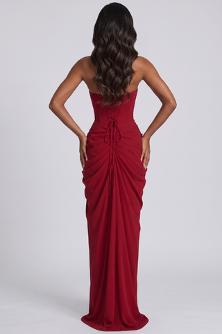 Strapless Ruched Long Dress with Lace-Up Back & High Slit