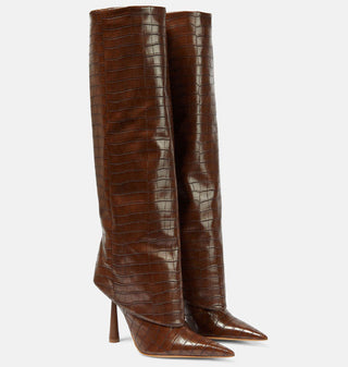 Croc-Embossed Knee-High Stiletto Leather Boots
