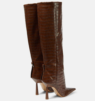 Croc-Embossed Knee-High Stiletto Leather Boots